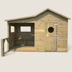 Casita de juegos de madera tratada para niños con zona cubierta y banco - Hacienda