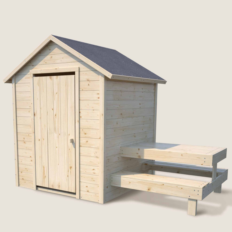 Cabaña de madera con mesa...