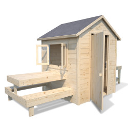 Cabaña de madera con mesa y mini cocina para niños - Blanco