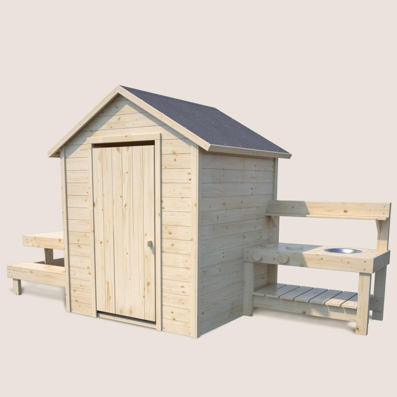 Cabaña de madera con mesa y...