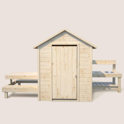 Cabaña de madera con mesa y mini cocina para niños - Blanco