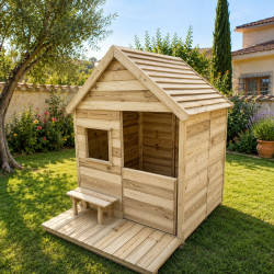 Cabaña de madera tratada con terraza y banco infantil - Heidi