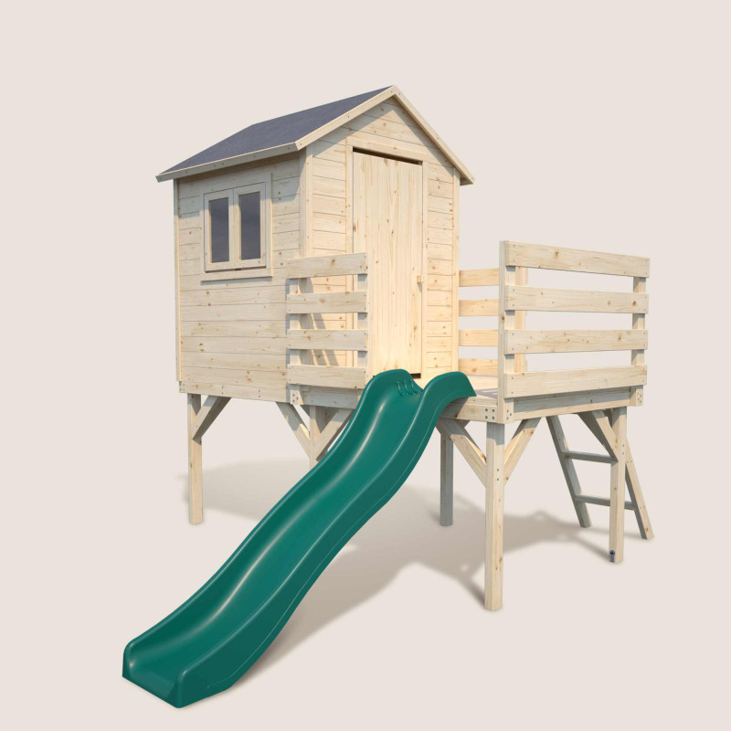 Cabaña de madera sobre pilotes con tobogán para niños – Joséphine