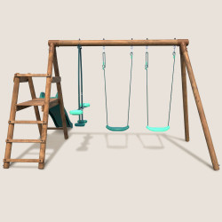 Columpio infantil de madera tratada con 3 piezas y tobogán H1m95 - Fig