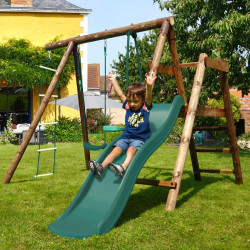 Columpio infantil de madera tratada con 3 piezas y tobogán H1m95 - Mulberry