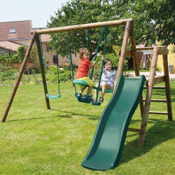 Columpio infantil de madera tratada con 3 piezas y tobogán H1m95 - Fig