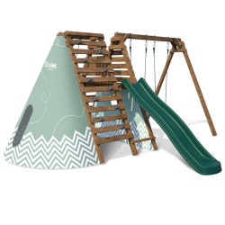 Parque infantil de madera Apollon con tobogán verde y estructura de escalada