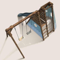 Parque de juegos de madera Apollon visto desde un ángulo con tobogán y escalada