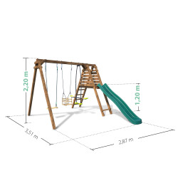 Columpio TREFLE con tobogán y dimensiones de la estructura