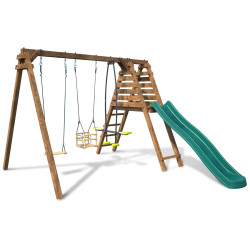 Columpio TREFLE de madera con tobogán y accesorios de juego, vista lateral
Mise en situation dans le jardin
