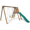 Columpio TREFLE de madera con tobogán y accesorios de juego, vista lateral
Mise en situation dans le jardin