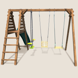 Columpio de madera TREFLE con tobogán, escalera y 3 accesorios de juego
