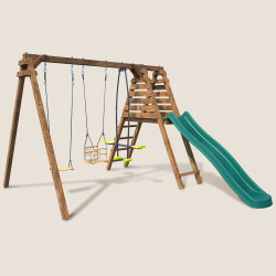 Columpio de madera TREFLE con tobogán y 3 accesorios de juego