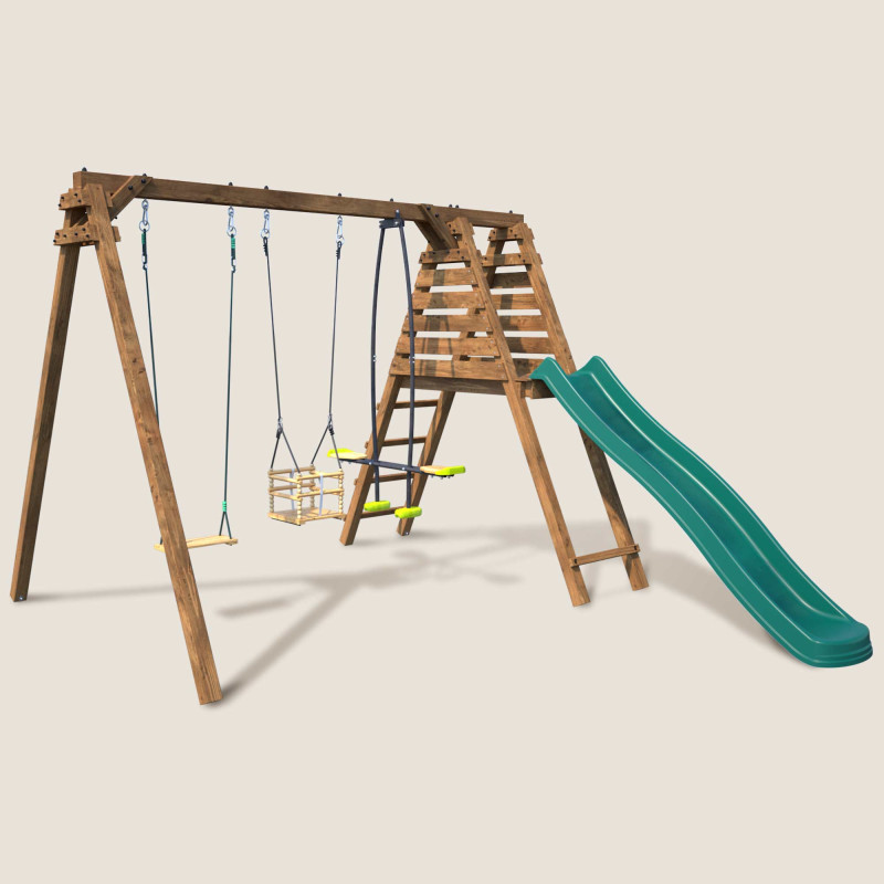 Columpio de madera TREFLE con tobogán y 3 accesorios de juego