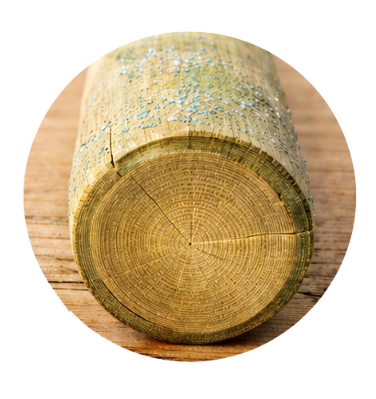Zoom coupe bois autoclave CL3 vert — traces de sel caractéristiques