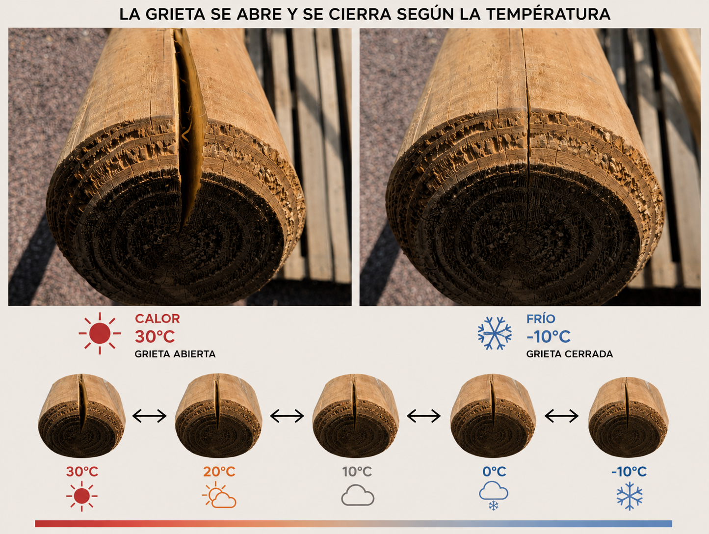 Una grieta en una viga de madera se abre con calor (30°C) y se cierra con frío (-10°C)